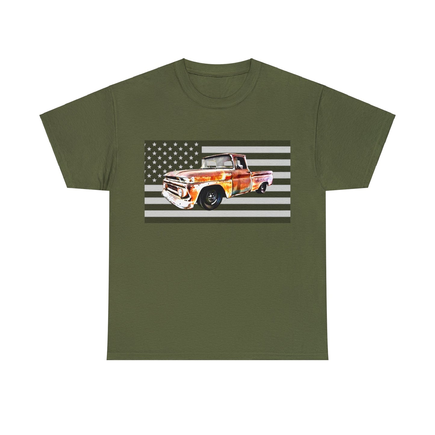 Vintage American Made Pickup Truck and Flag, Antique USA Truck Heavy Cotton Tee