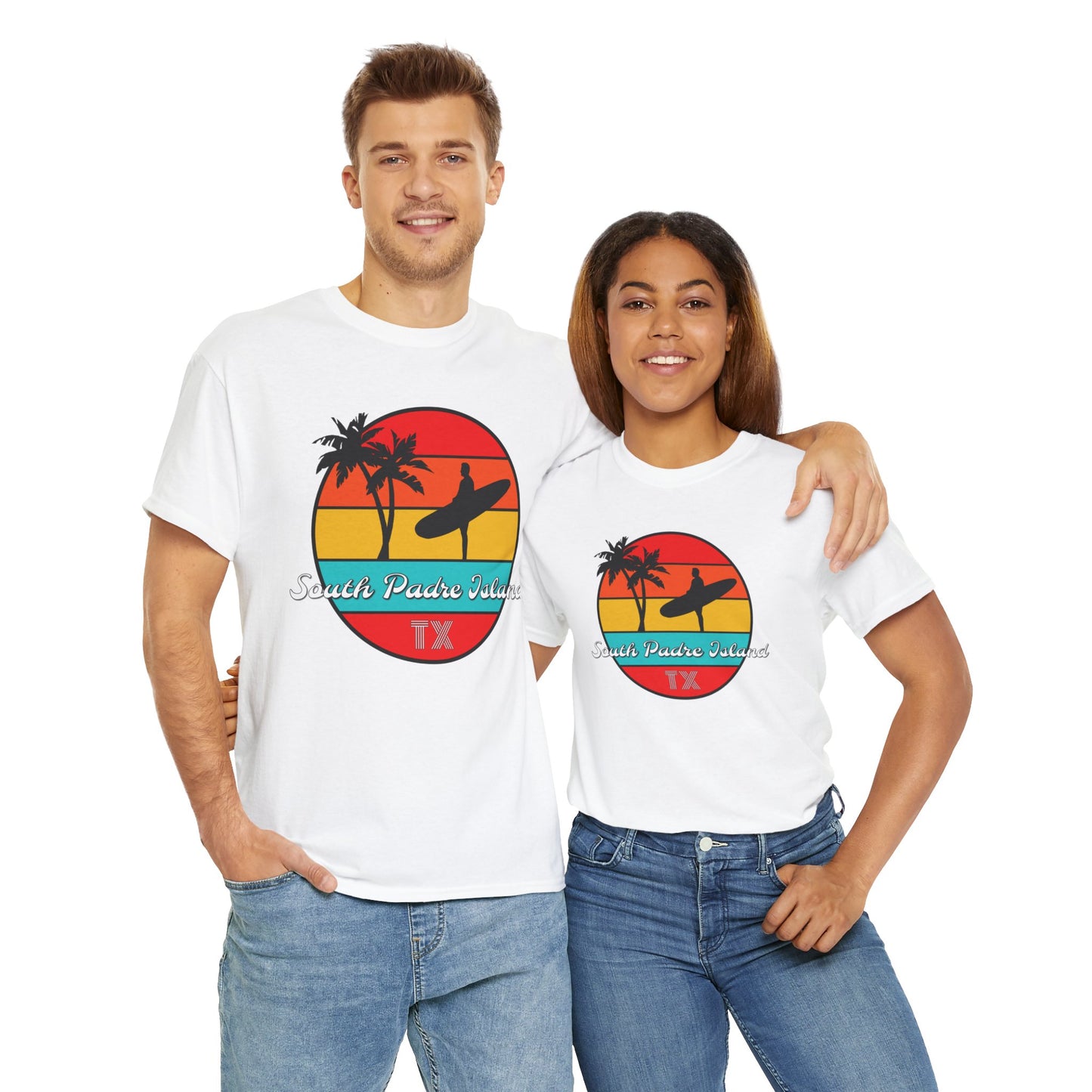 South Padre Island Texas, South Padre Surfer, Palm Trees Heavy Cotton Tee