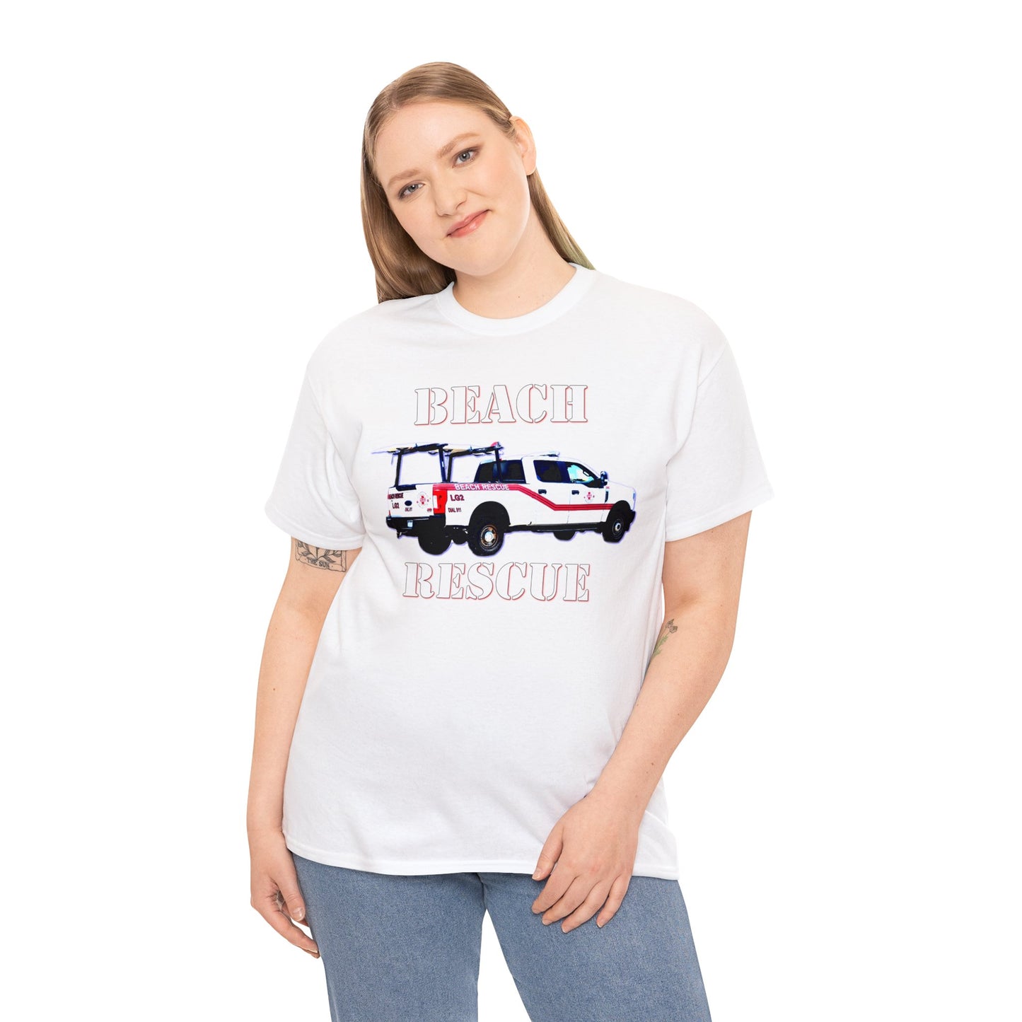 Beach Rescue Truck, Beach Life Guard Truck, Truck with Surfboard Heavy Cotton Tee