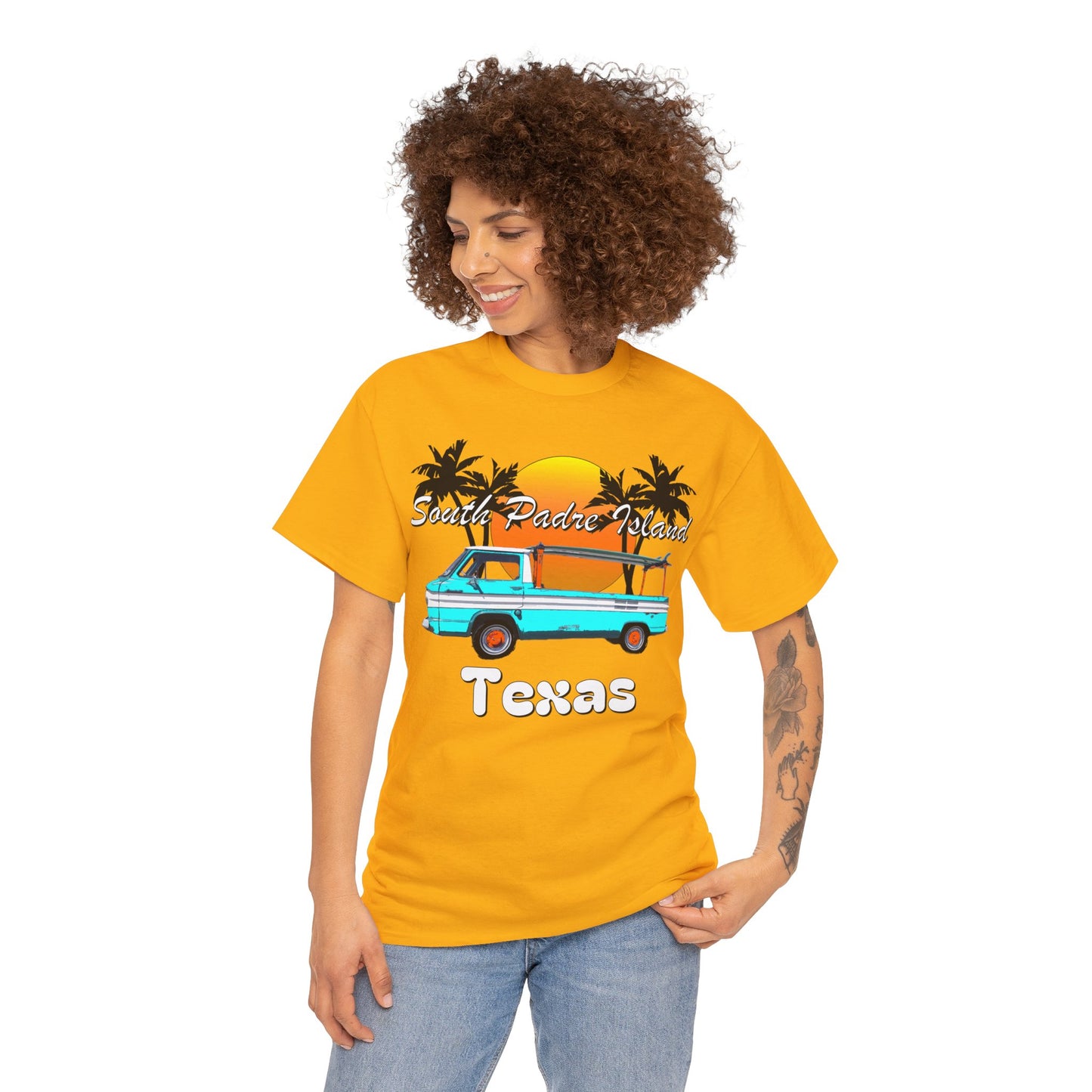 South Padre Island Texas, South Padre Surfer, Palm Trees Heavy Cotton Tee