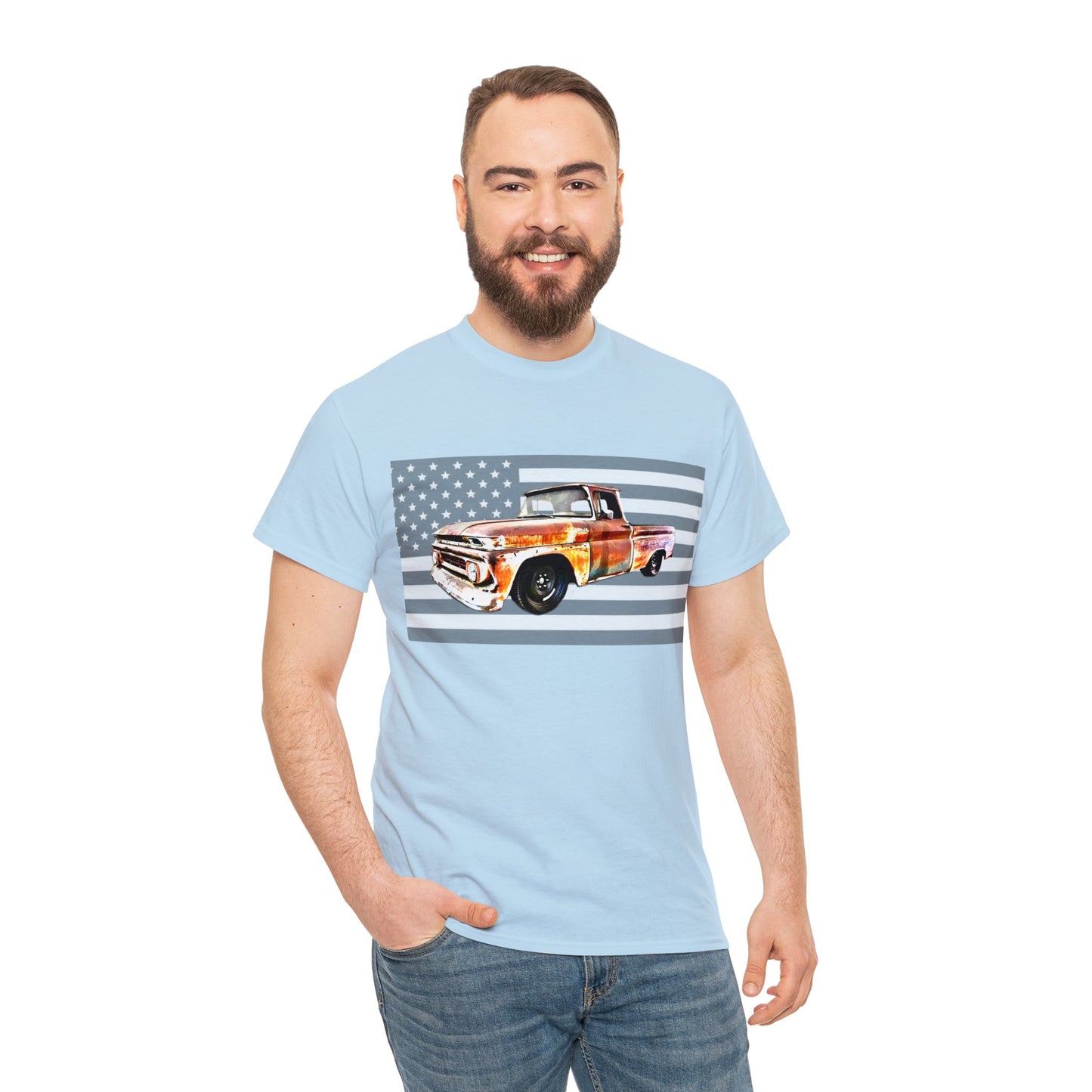 Vintage American Made Pickup Truck and Flag, Antique USA Truck Heavy Cotton Tee