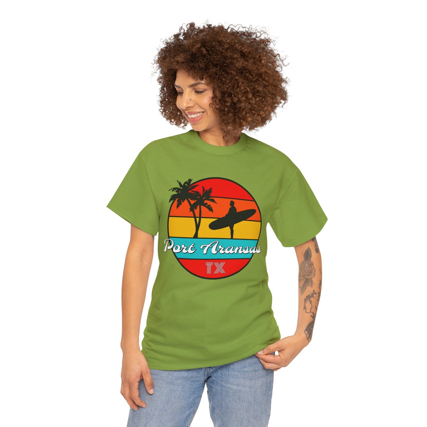 Port Aransas Texas, Port A Surfer, Palm Trees, Beach Vacation Heavy Cotton Tee