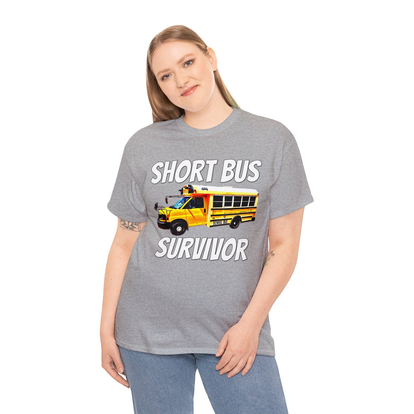 Short Bus, I Survived Riding the Short Bus, School Bus, Short Bus Rider Heavy Cotton Tee