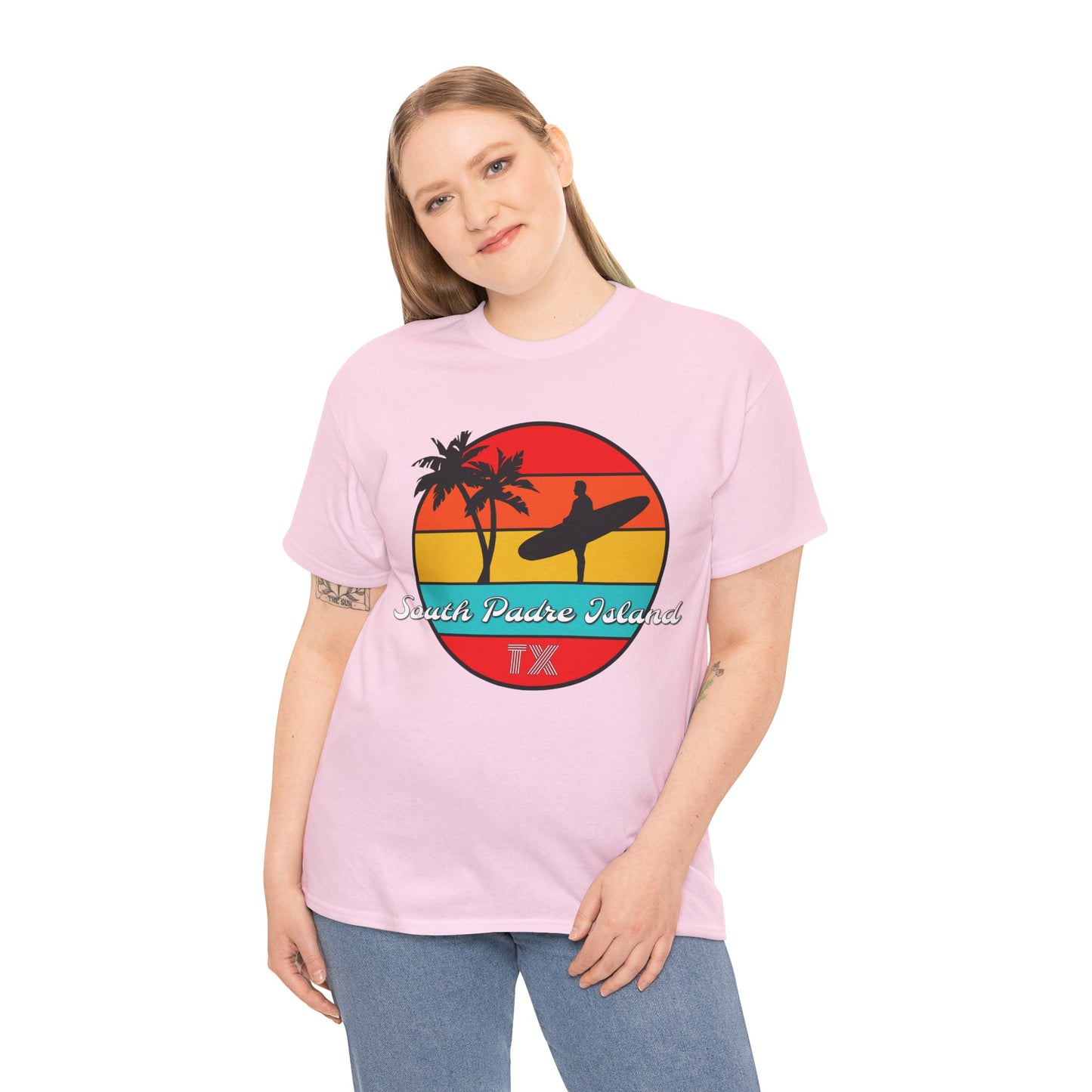 South Padre Island Texas, South Padre Surfer, Palm Trees Heavy Cotton Tee