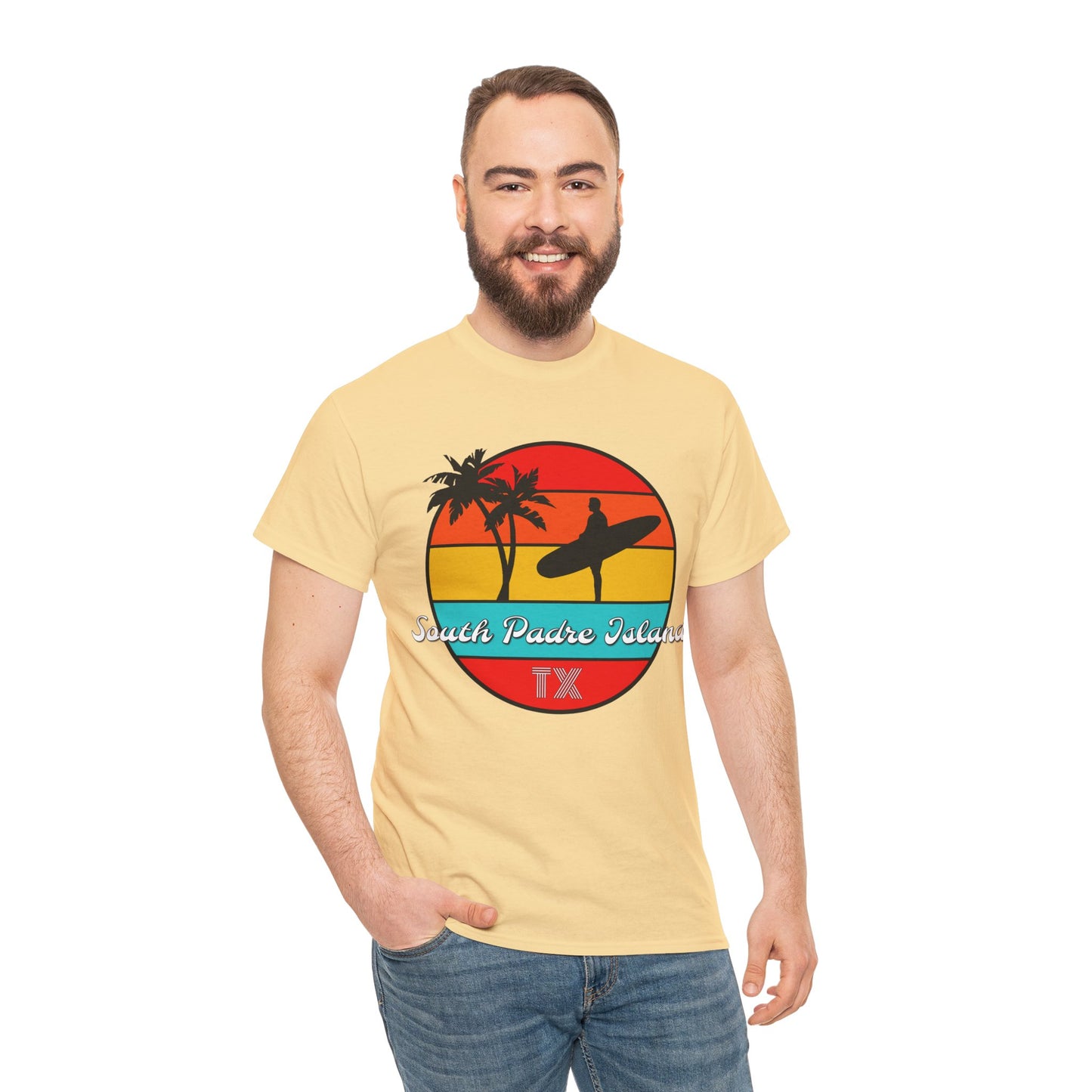 South Padre Island Texas, South Padre Surfer, Palm Trees Heavy Cotton Tee