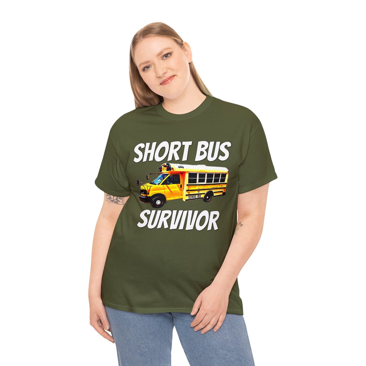 Short Bus, I Survived Riding the Short Bus, School Bus, Short Bus Rider Heavy Cotton Tee