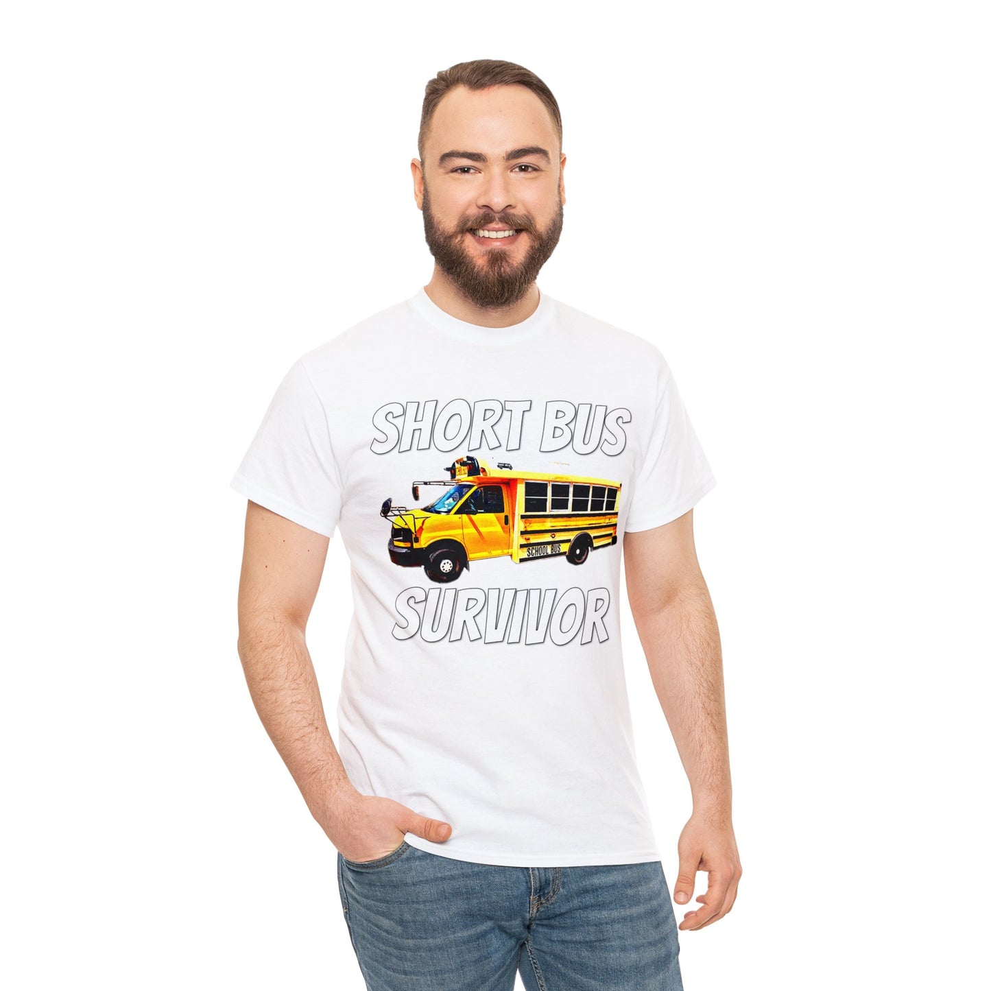 Short Bus, I Survived Riding the Short Bus, School Bus, Short Bus Rider Heavy Cotton Tee