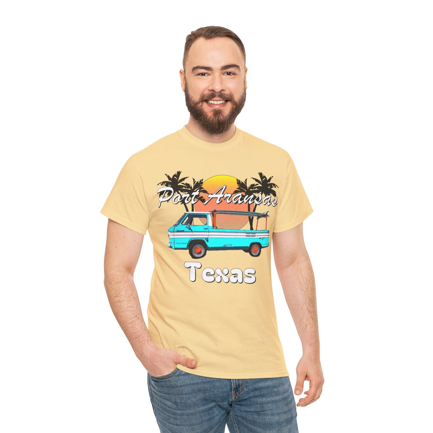 Port Aransas Texas, Port A Surfer, Palm Trees, Beach Vacation Heavy Cotton Tee