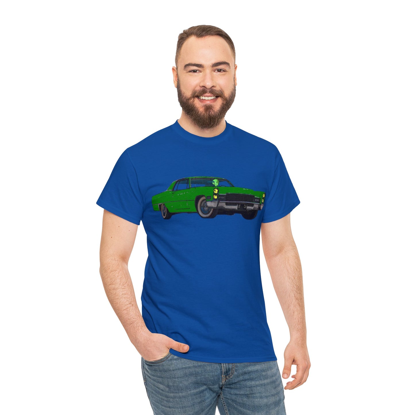 Alien Driving Car, Martian Driving a Vintage Caddy, Green Martian Heavy Cotton Tee