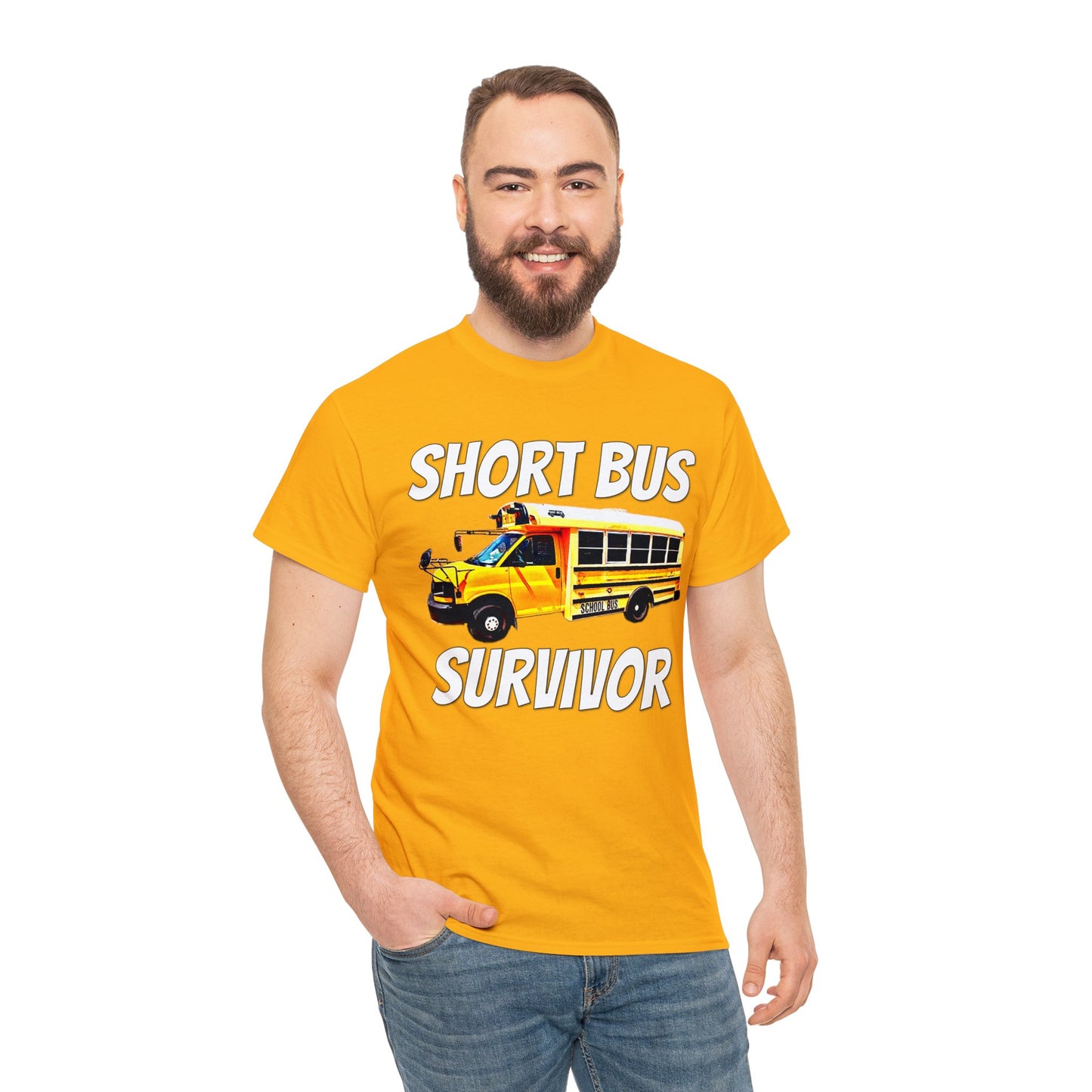 Short Bus, I Survived Riding the Short Bus, School Bus, Short Bus Rider Heavy Cotton Tee