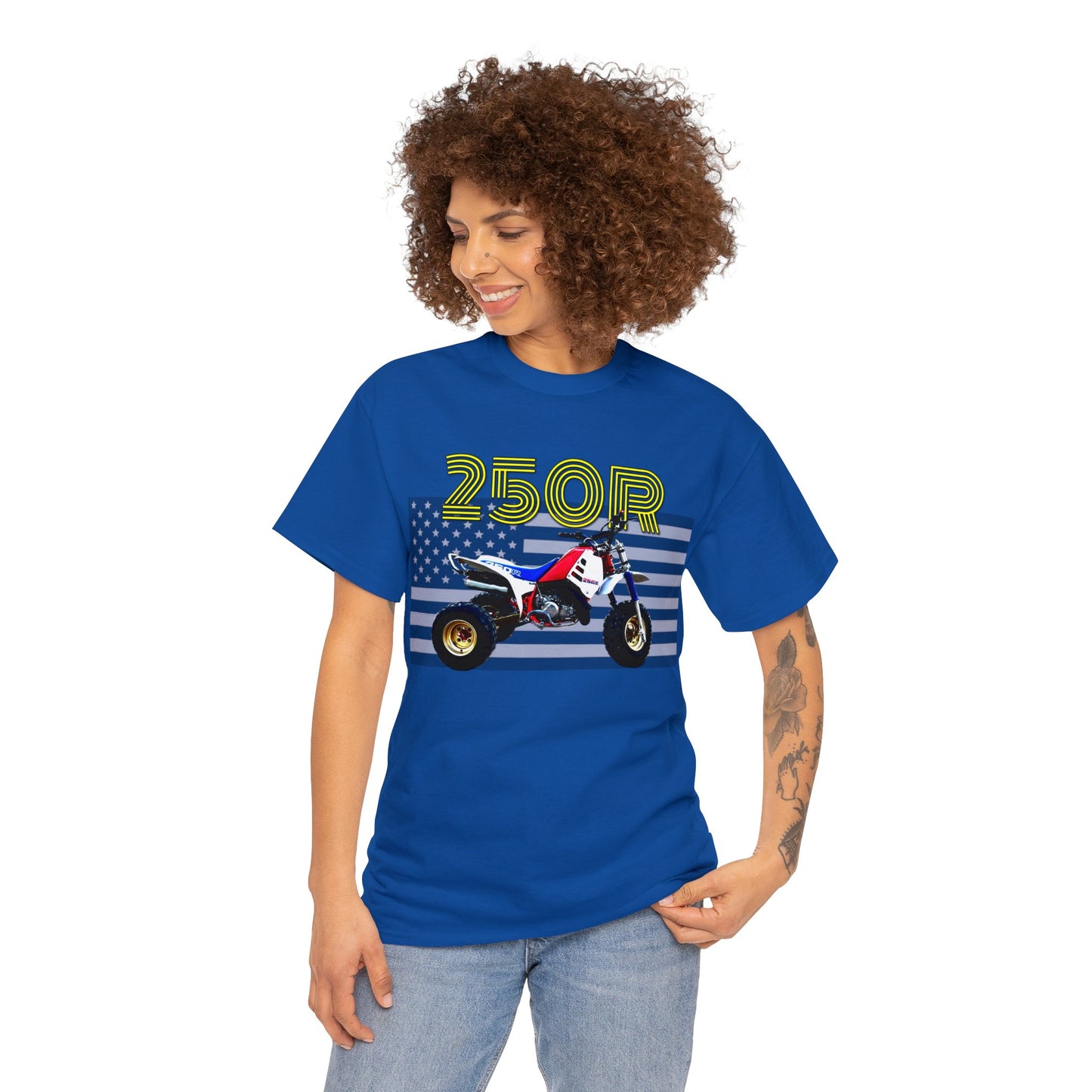 250r ATV ATC Vintage Retro Three Wheeler American Flag Heavy Cotton Tee