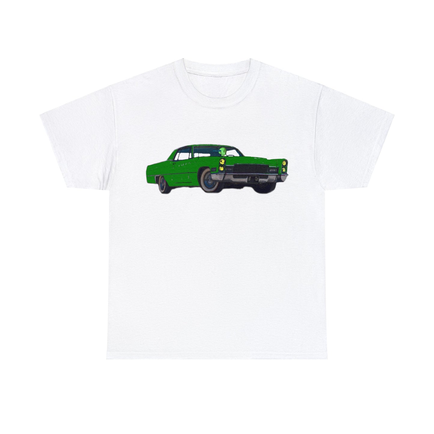 Alien Driving Car, Martian Driving a Vintage Caddy, Green Martian Heavy Cotton Tee