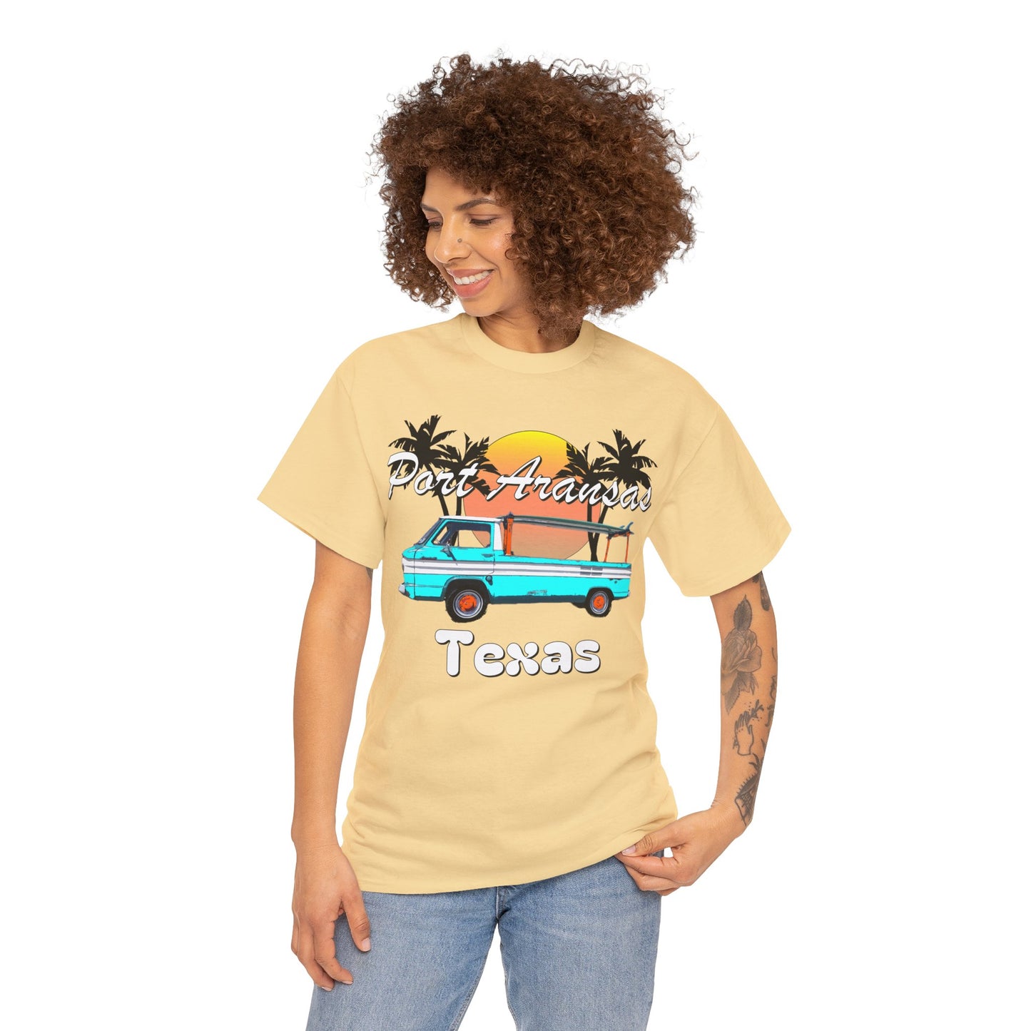 Port Aransas Texas, Port A Surfer, Palm Trees, Beach Vacation Heavy Cotton Tee