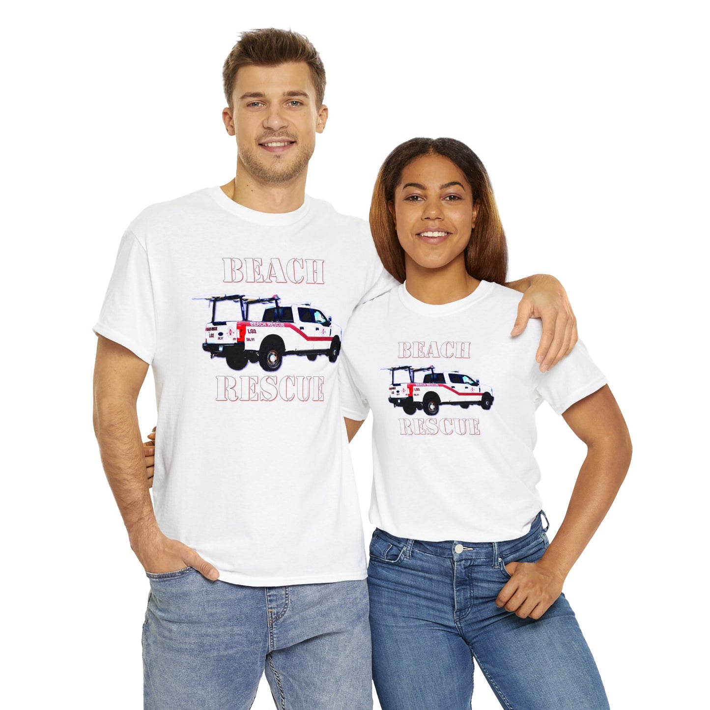 Beach Rescue Truck, Beach Life Guard Truck, Truck with Surfboard Heavy Cotton Tee