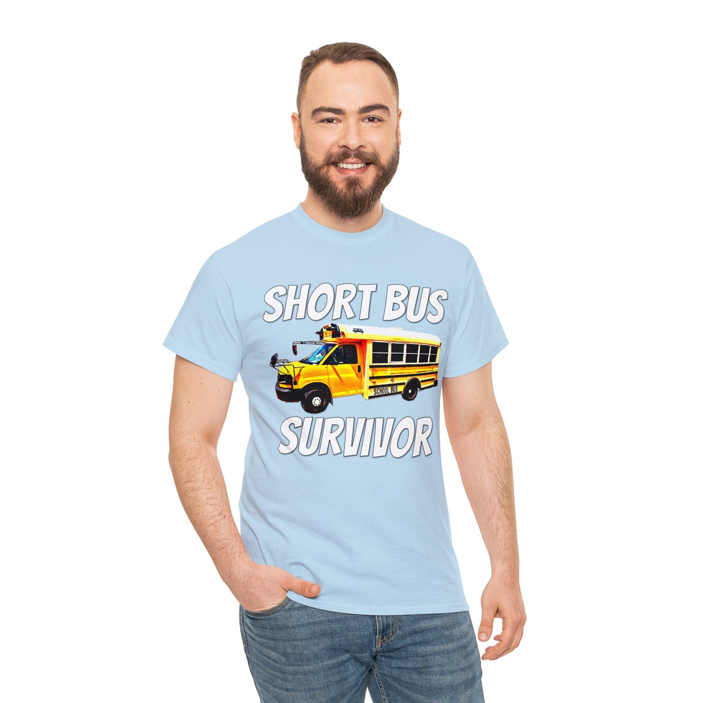 Short Bus, I Survived Riding the Short Bus, School Bus, Short Bus Rider Heavy Cotton Tee