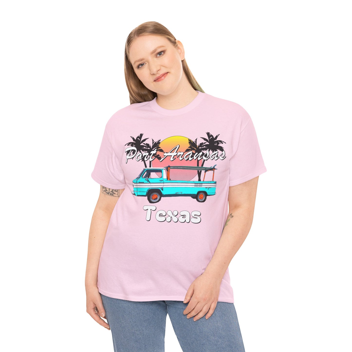 Port Aransas Texas, Port A Surfer, Palm Trees, Beach Vacation Heavy Cotton Tee