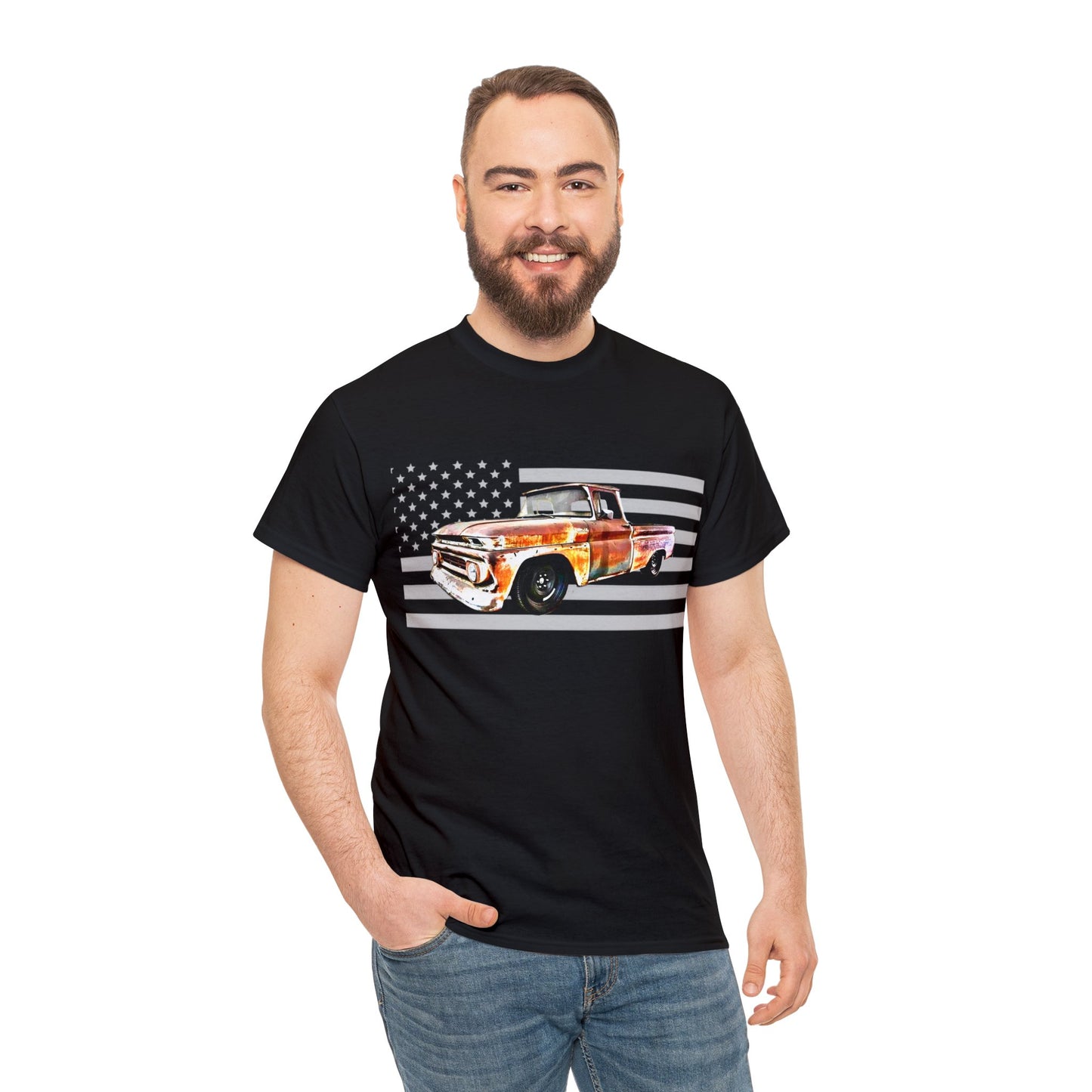 Vintage American Made Pickup Truck and Flag, Antique USA Truck Heavy Cotton Tee