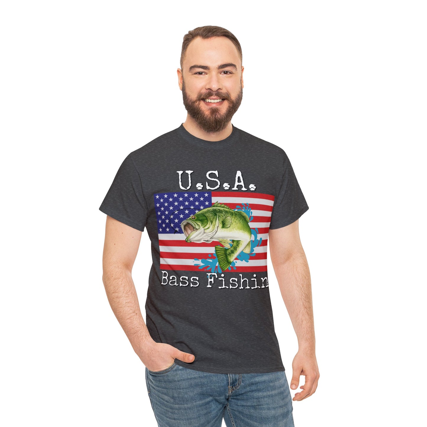 Vintage Retro USA American Flag Bass Fishing Heavy Cotton Tee