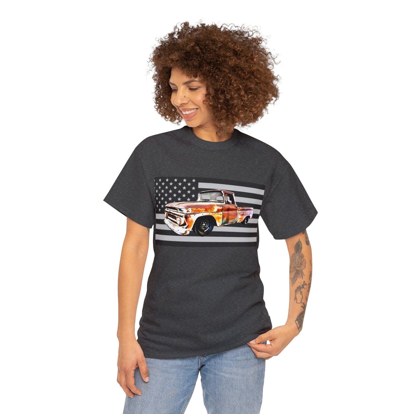 Vintage American Made Pickup Truck and Flag, Antique USA Truck Heavy Cotton Tee