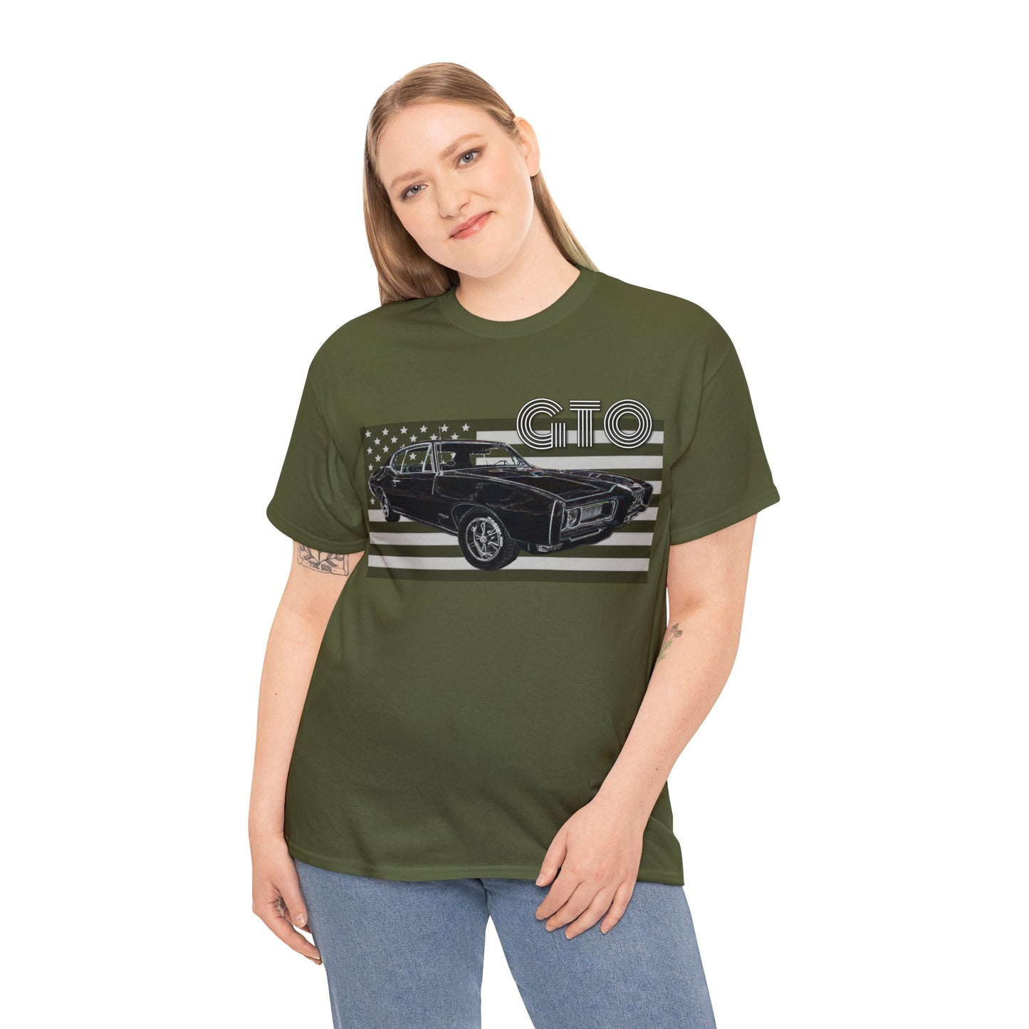 GTO Muscle Car, Pontiac, Vintage Car, Vintage American Car, American Flag Heavy Cotton Tee