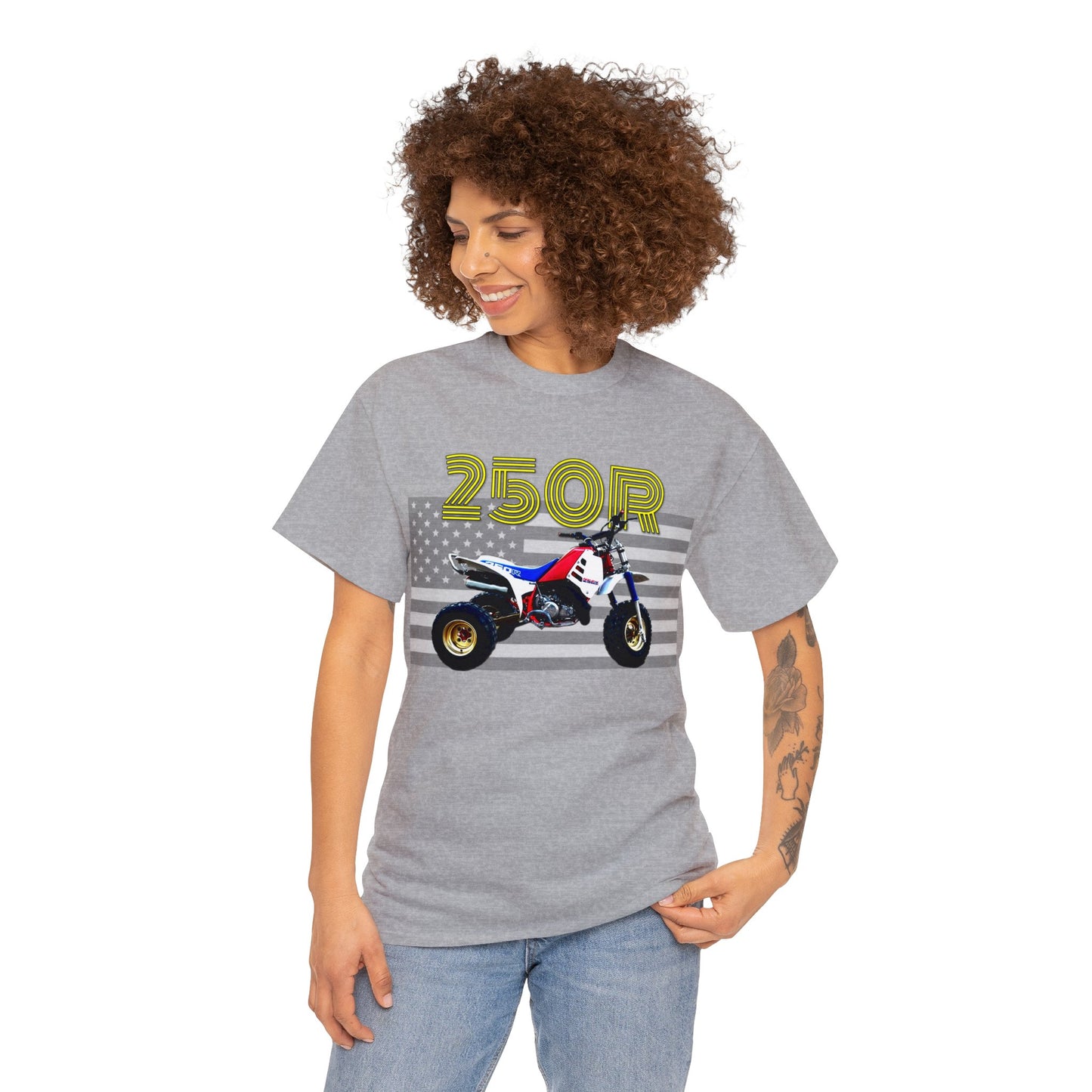 250r ATV ATC Vintage Retro Three Wheeler American Flag Heavy Cotton Tee