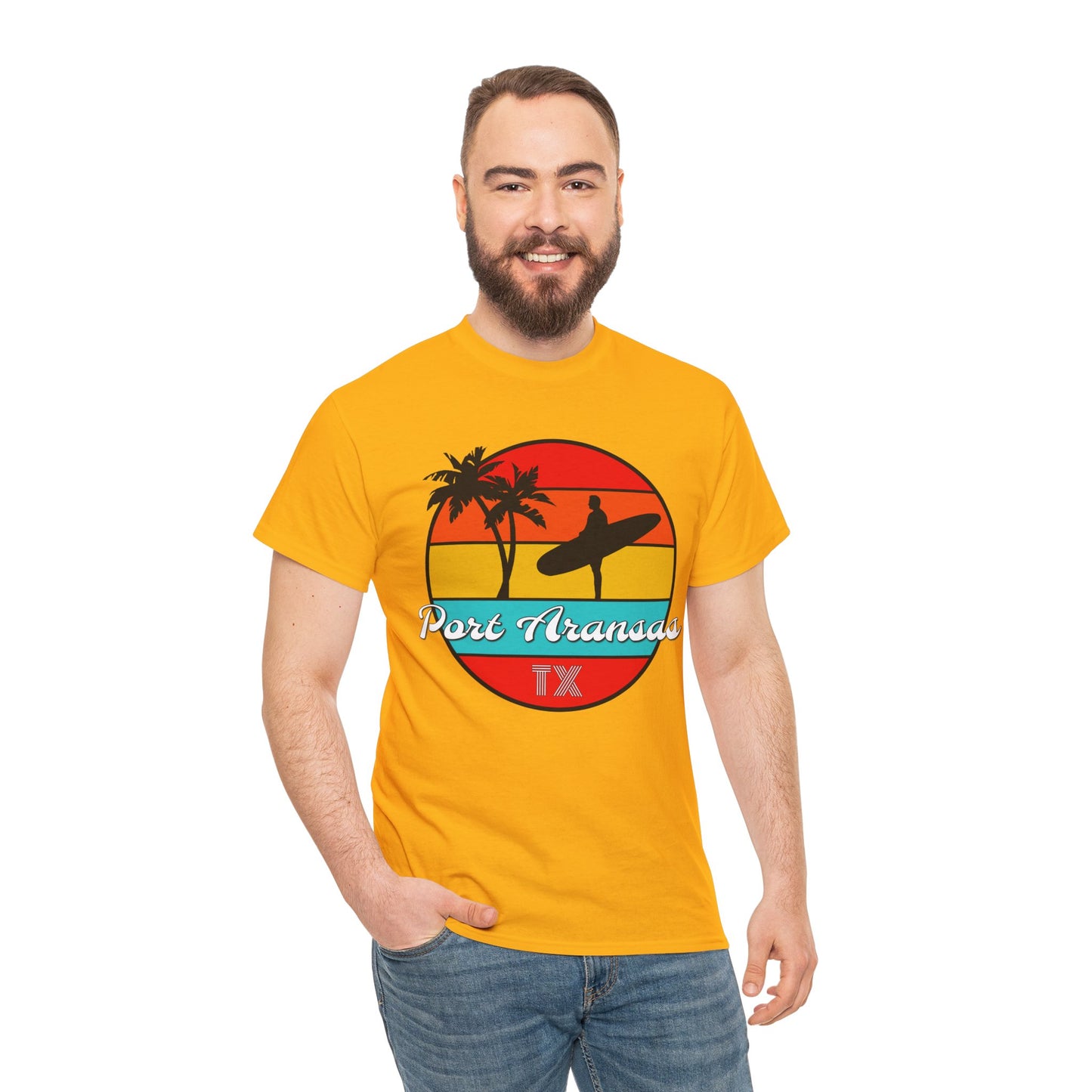 Port Aransas Texas, Port A Surfer, Palm Trees, Beach Vacation Heavy Cotton Tee