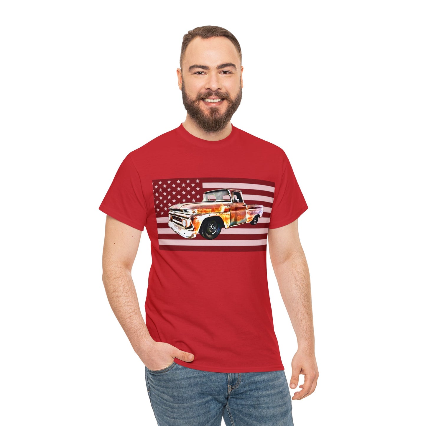 Vintage American Made Pickup Truck and Flag, Antique USA Truck Heavy Cotton Tee