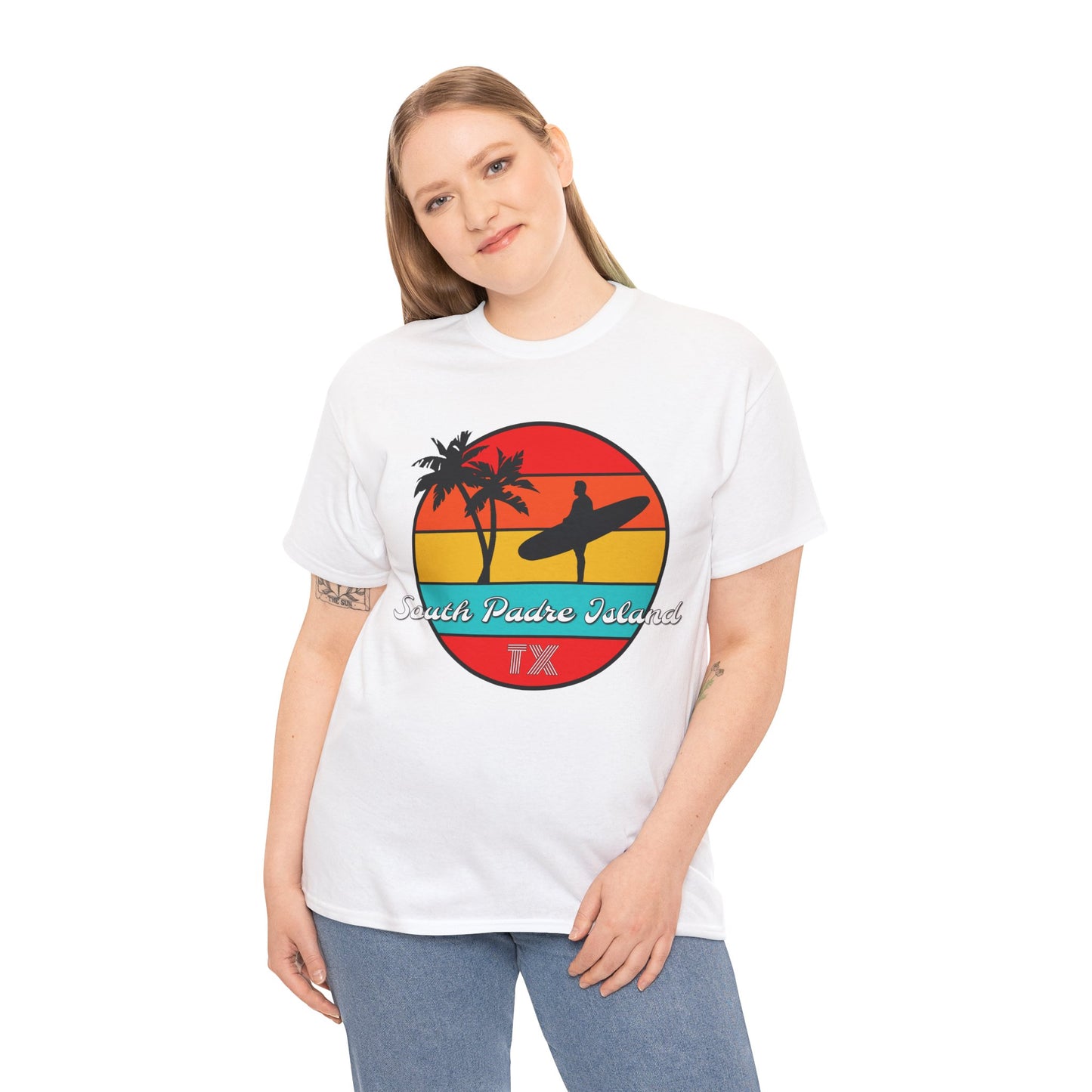 South Padre Island Texas, South Padre Surfer, Palm Trees Heavy Cotton Tee