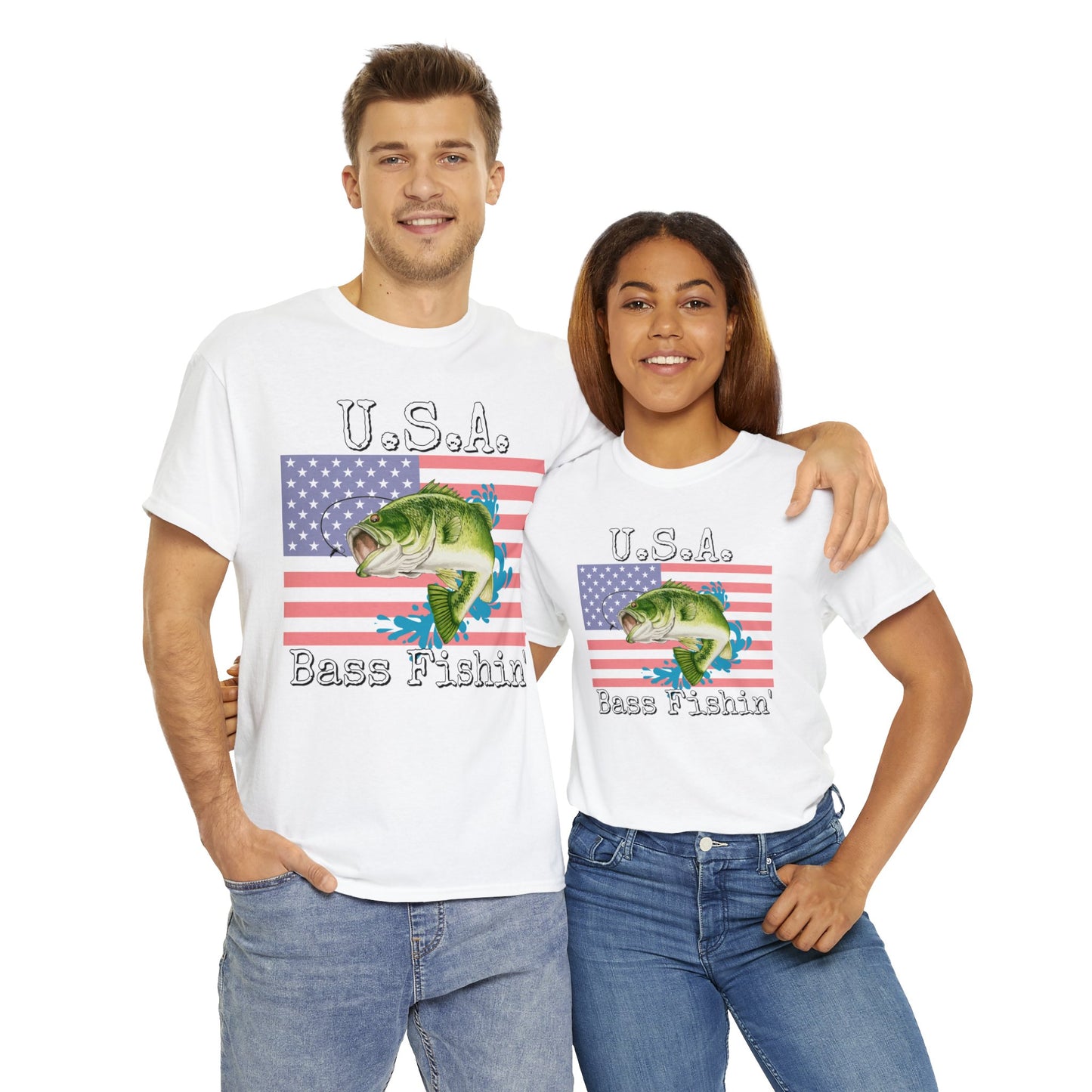 Vintage Retro USA American Flag Bass Fishing Heavy Cotton Tee