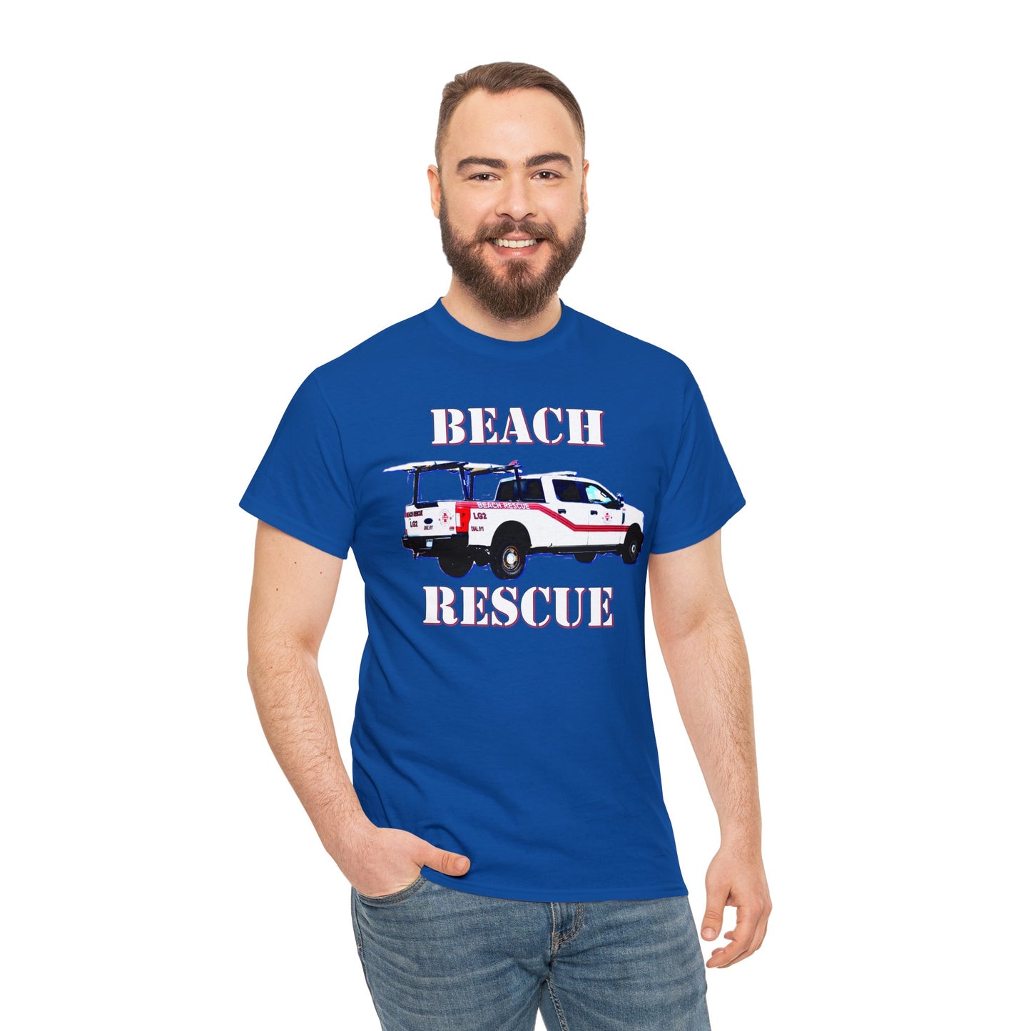 Beach Rescue Truck, Beach Life Guard Truck, Truck with Surfboard Heavy Cotton Tee