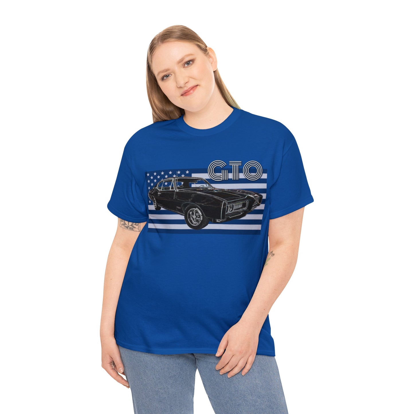 GTO Muscle Car, Pontiac, Vintage Car, Vintage American Car, American Flag Heavy Cotton Tee