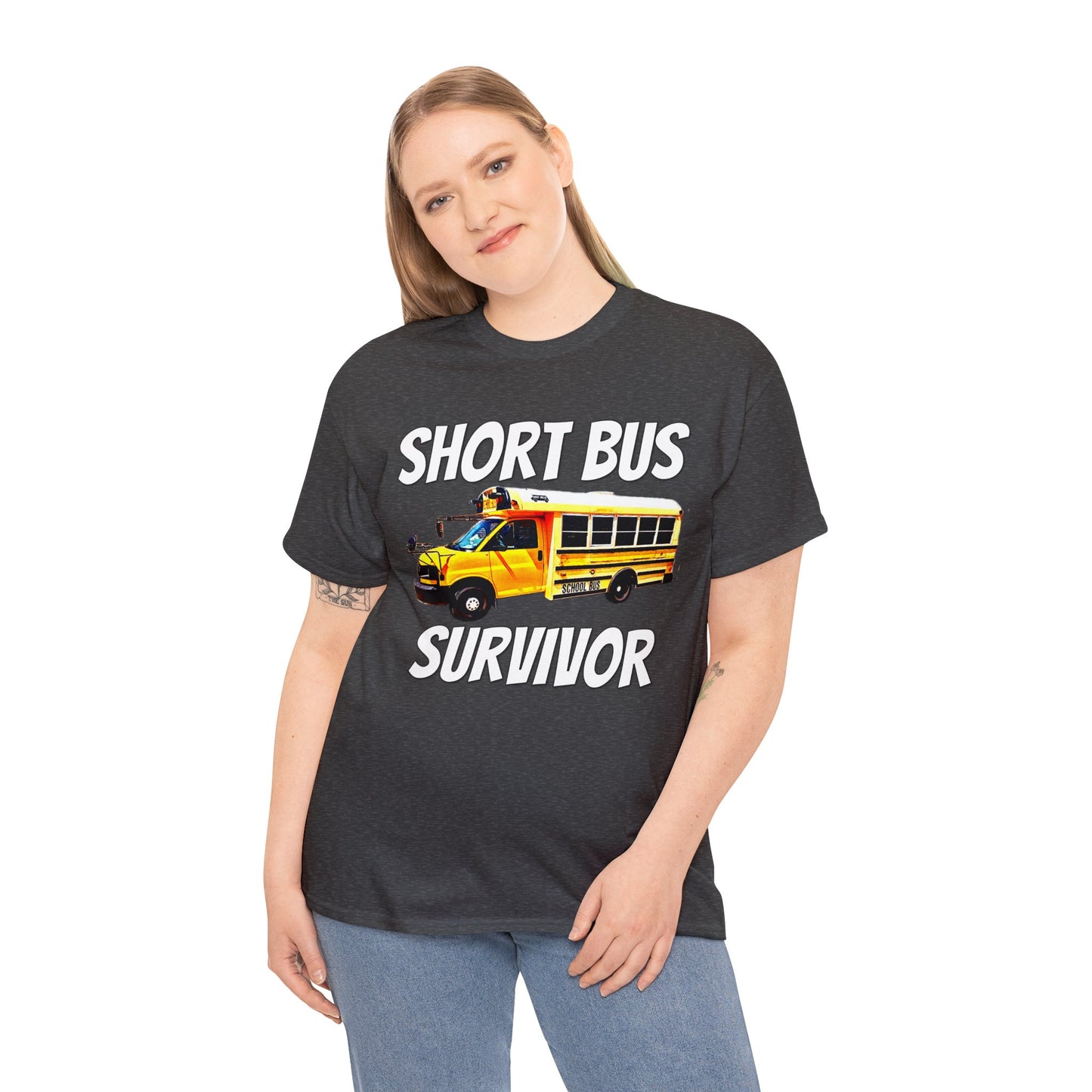 Short Bus, I Survived Riding the Short Bus, School Bus, Short Bus Rider Heavy Cotton Tee