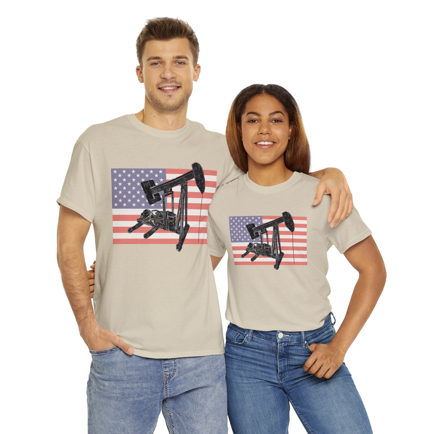 American Oil Worker Pump Jack USA Flag Heavy Cotton Tee