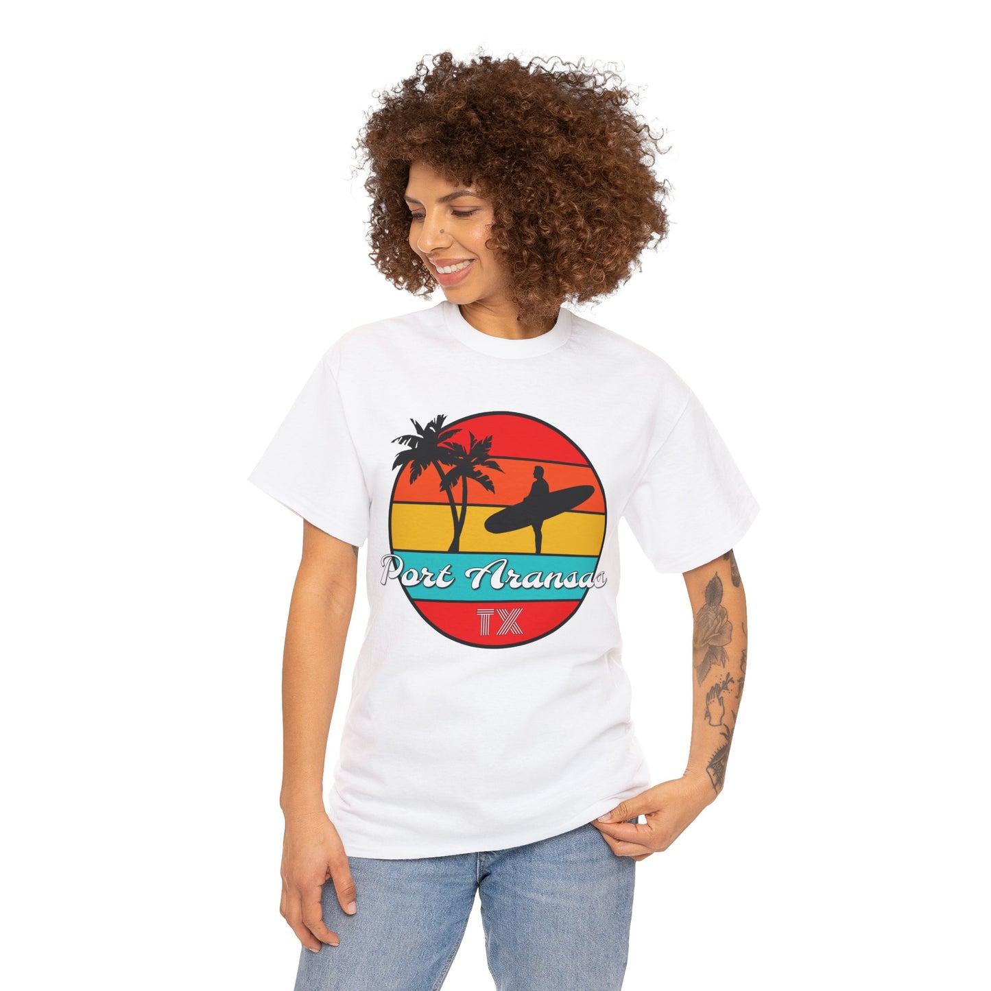 Port Aransas Texas, Port A Surfer, Palm Trees, Beach Vacation Heavy Cotton Tee