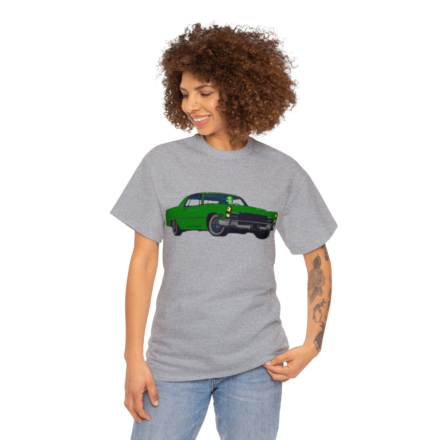 Alien Driving Car, Martian Driving a Vintage Caddy, Green Martian Heavy Cotton Tee