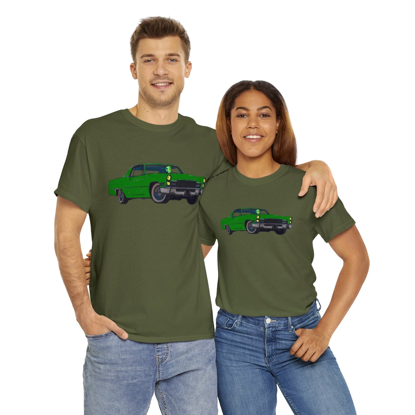 Alien Driving Car, Martian Driving a Vintage Caddy, Green Martian Heavy Cotton Tee