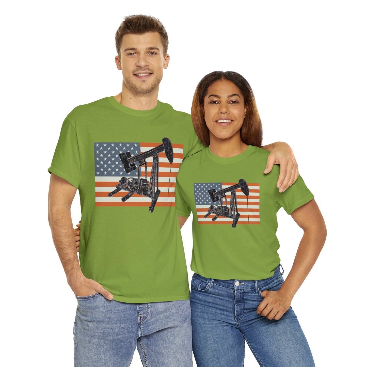 American Oil Worker Pump Jack USA Flag Heavy Cotton Tee