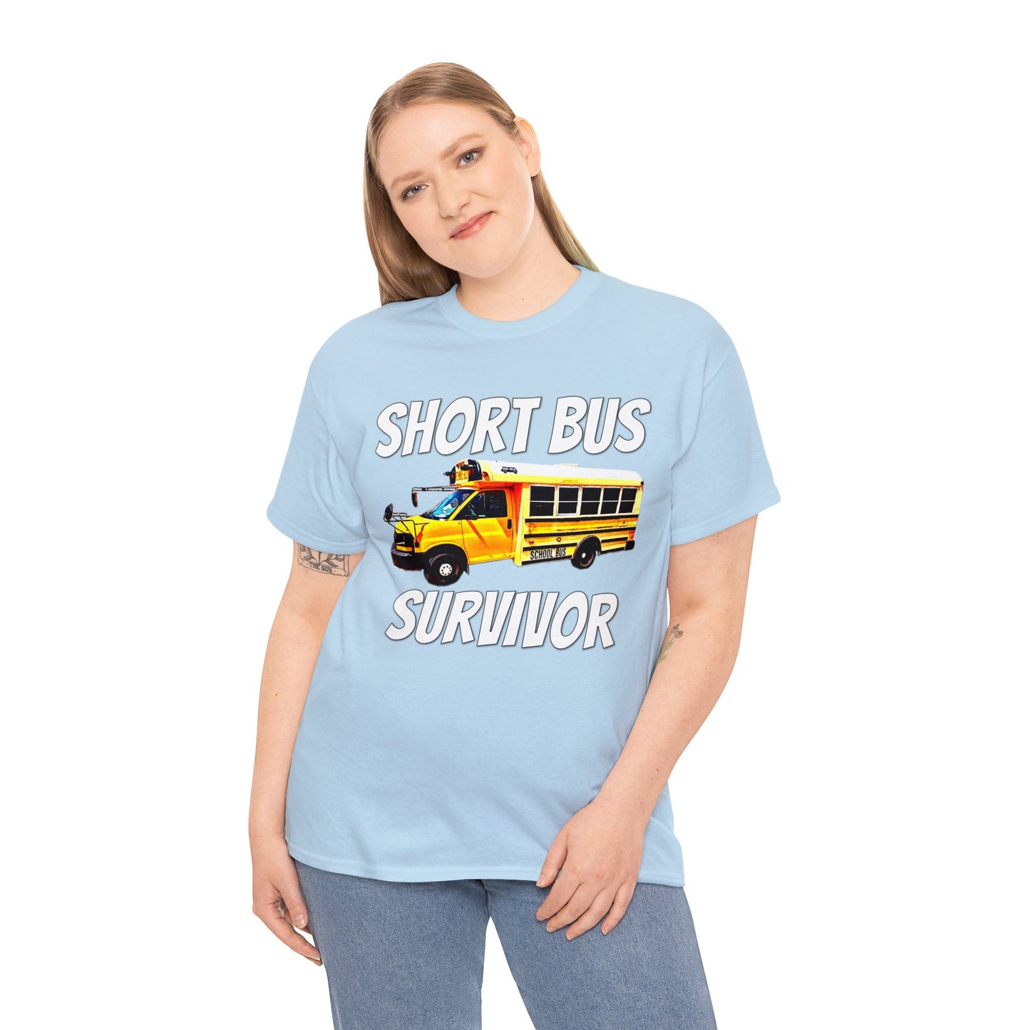 Short Bus, I Survived Riding the Short Bus, School Bus, Short Bus Rider Heavy Cotton Tee