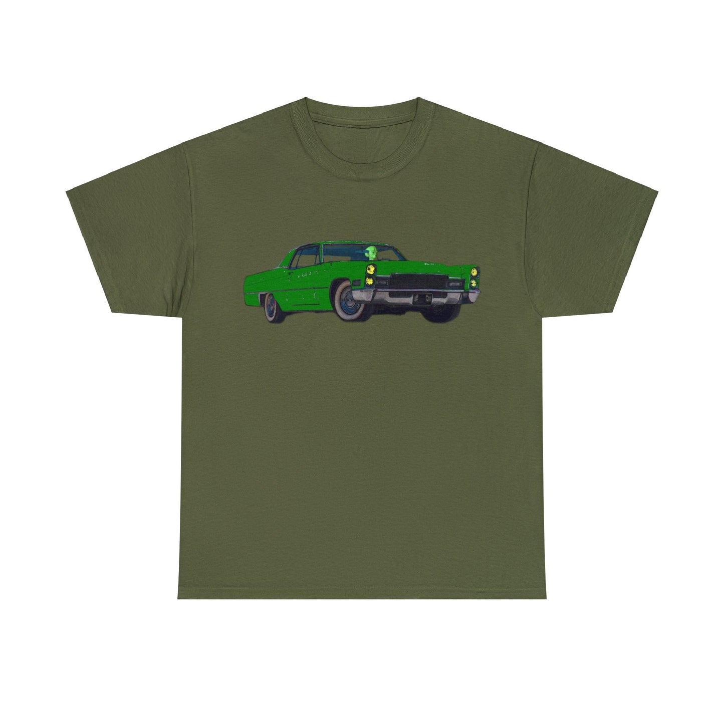 Alien Driving Car, Martian Driving a Vintage Caddy, Green Martian Heavy Cotton Tee