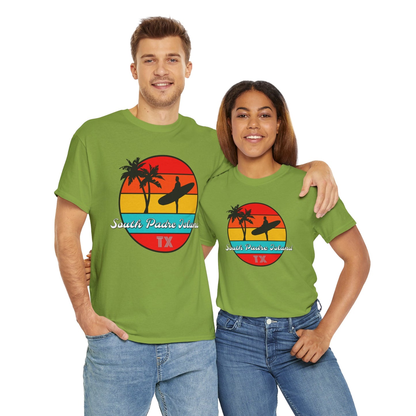 South Padre Island Texas, South Padre Surfer, Palm Trees Heavy Cotton Tee