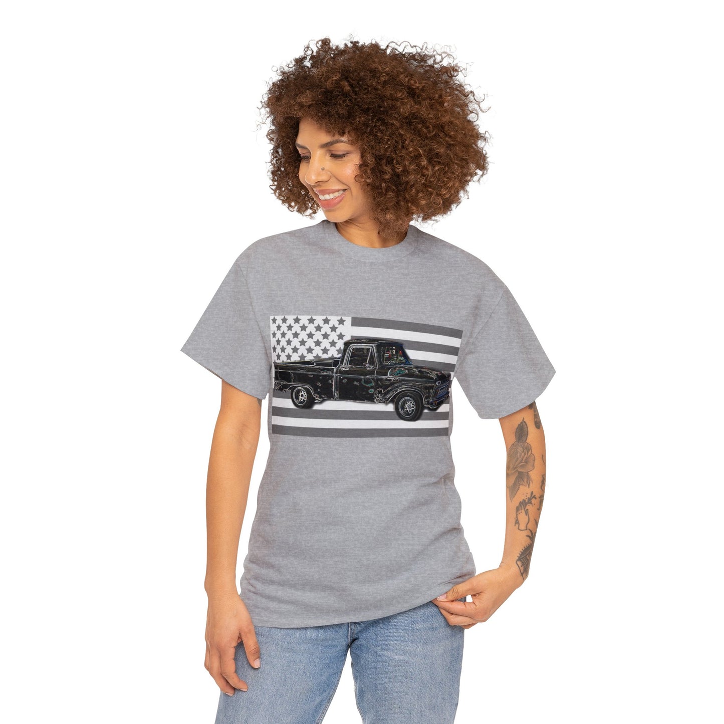 Vintage American Made Pickup Truck and Flag, Antique USA Truck Heavy Cotton Tee