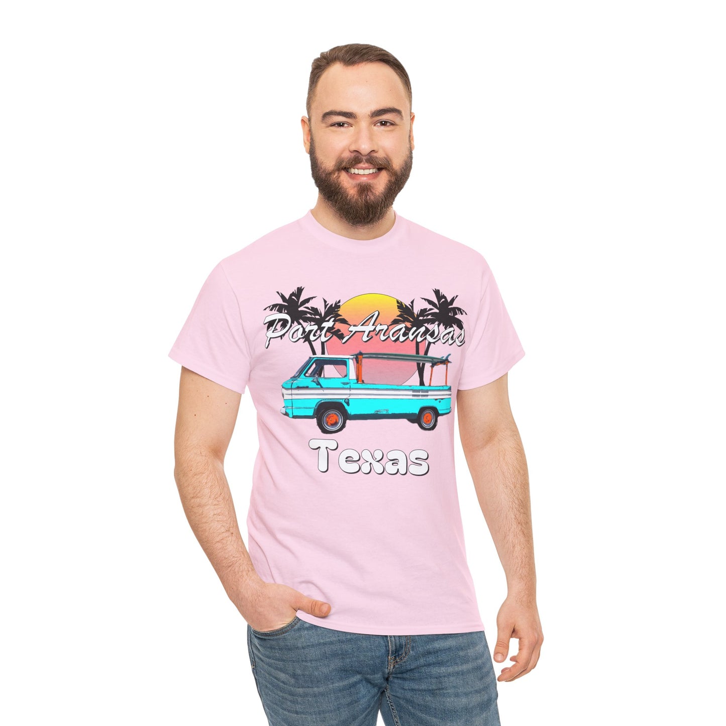 Port Aransas Texas, Port A Surfer, Palm Trees, Beach Vacation Heavy Cotton Tee