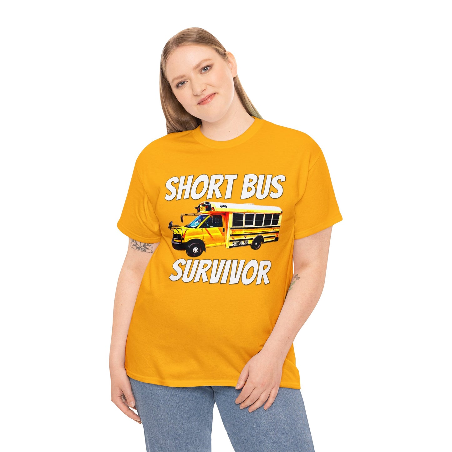 Short Bus, I Survived Riding the Short Bus, School Bus, Short Bus Rider Heavy Cotton Tee