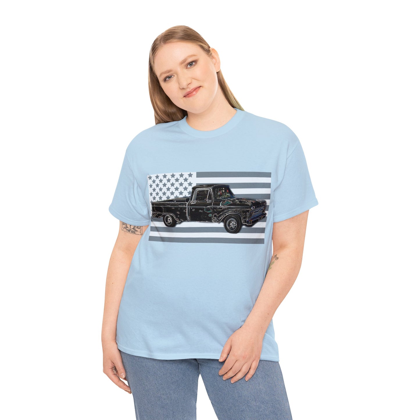 Vintage American Made Pickup Truck and Flag, Antique USA Truck Heavy Cotton Tee