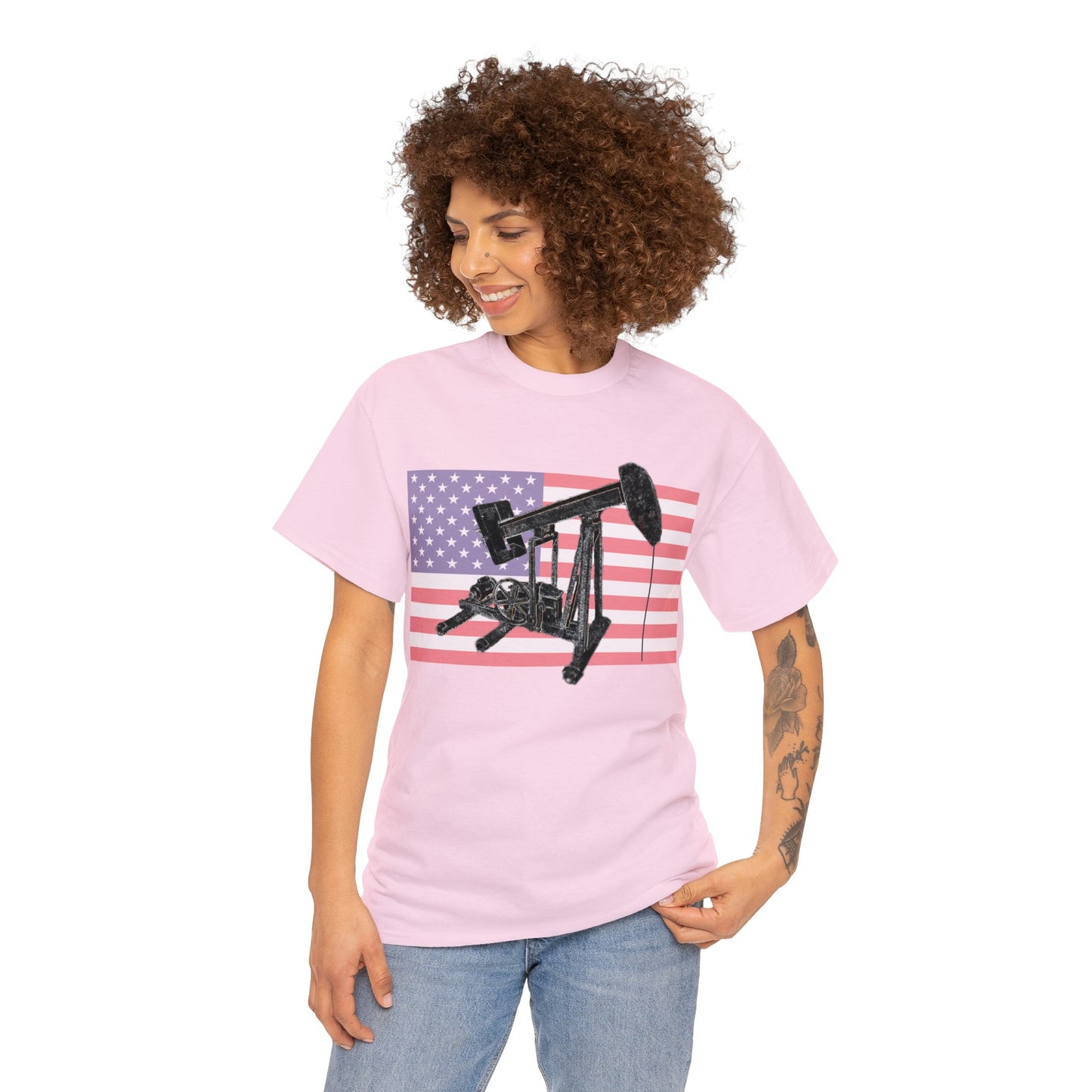 American Oil Worker Pump Jack USA Flag Heavy Cotton Tee