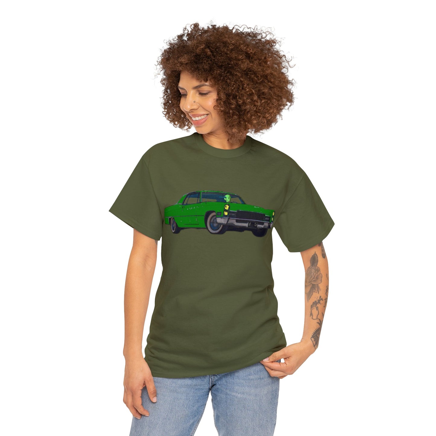 Alien Driving Car, Martian Driving a Vintage Caddy, Green Martian Heavy Cotton Tee