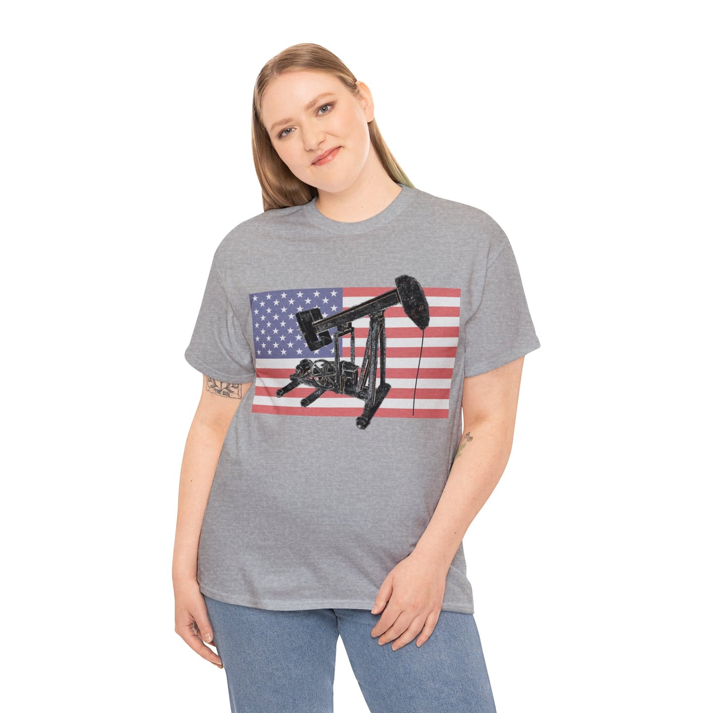 American Oil Worker Pump Jack USA Flag Heavy Cotton Tee