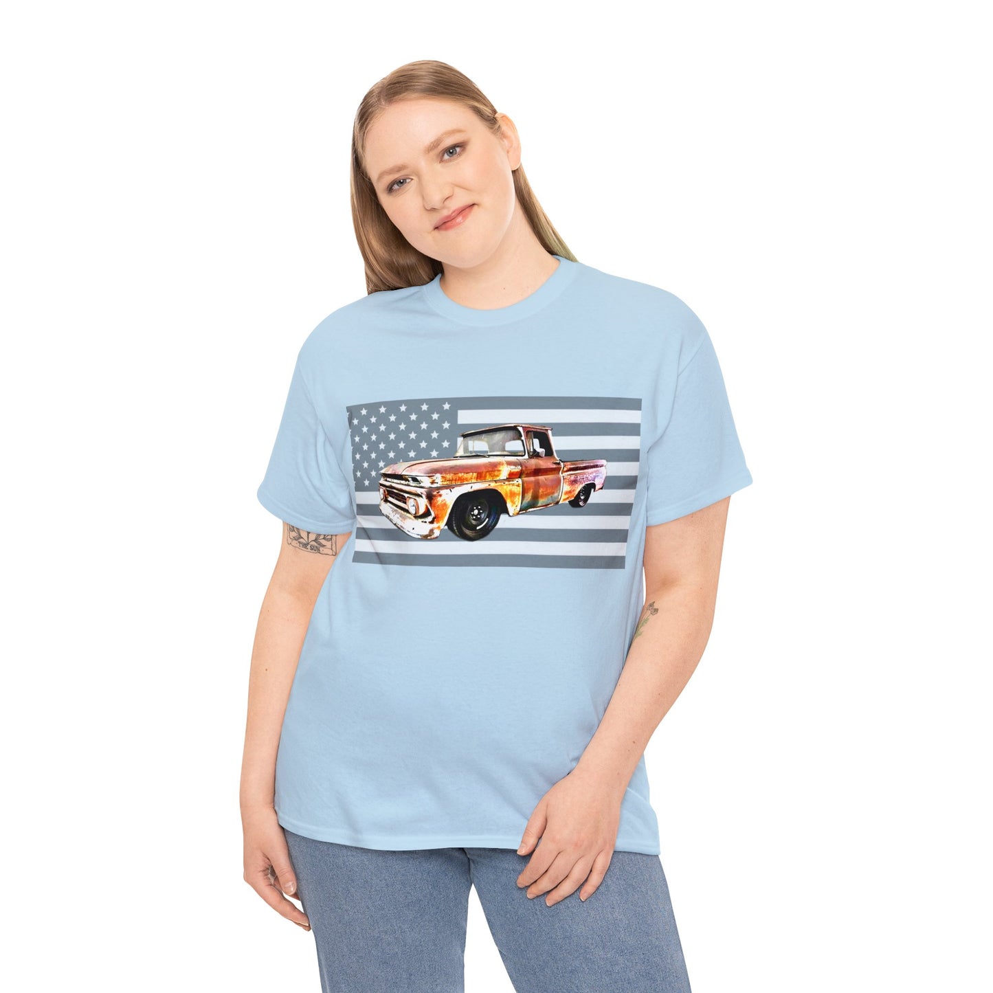 Vintage American Made Pickup Truck and Flag, Antique USA Truck Heavy Cotton Tee