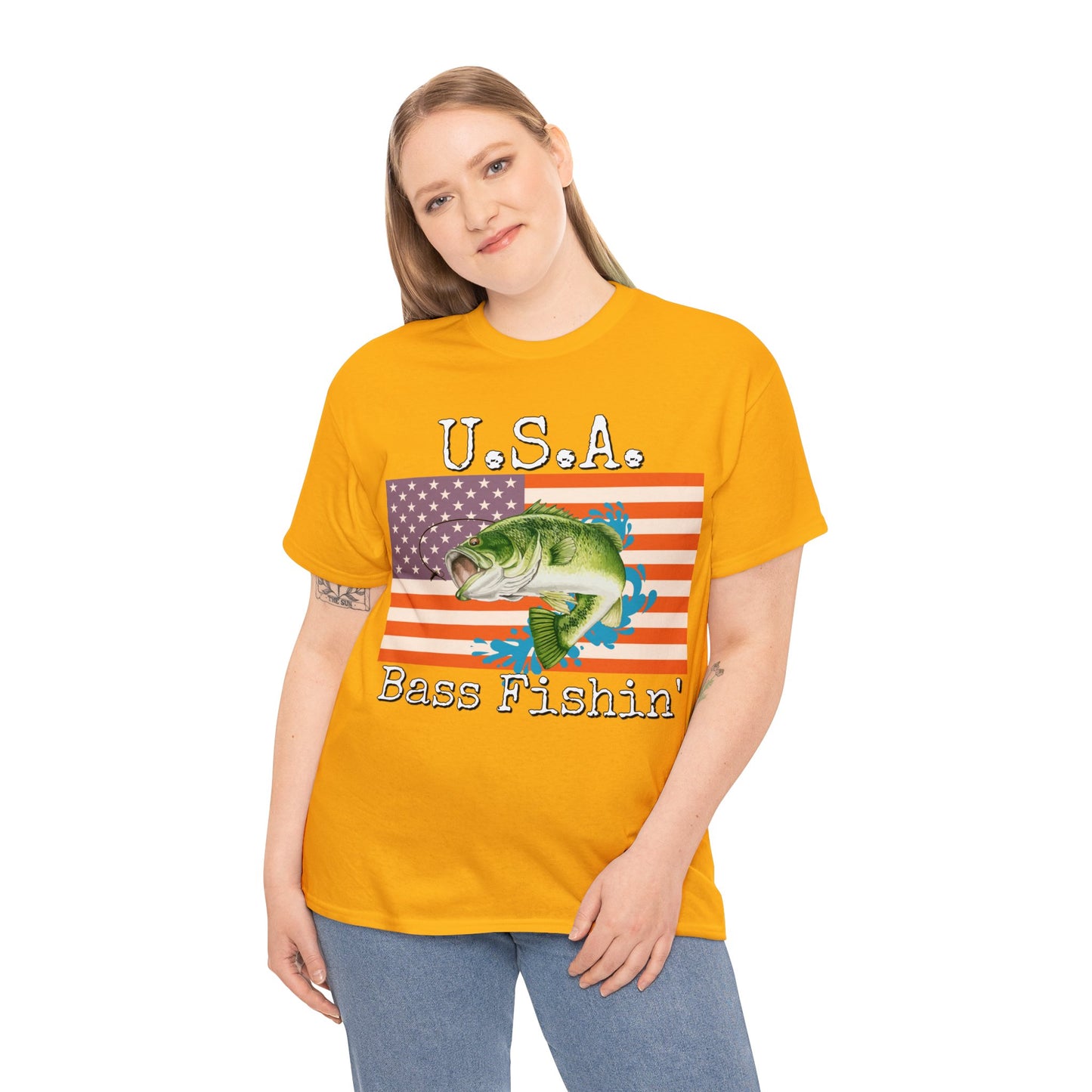 Vintage Retro USA American Flag Bass Fishing Heavy Cotton Tee