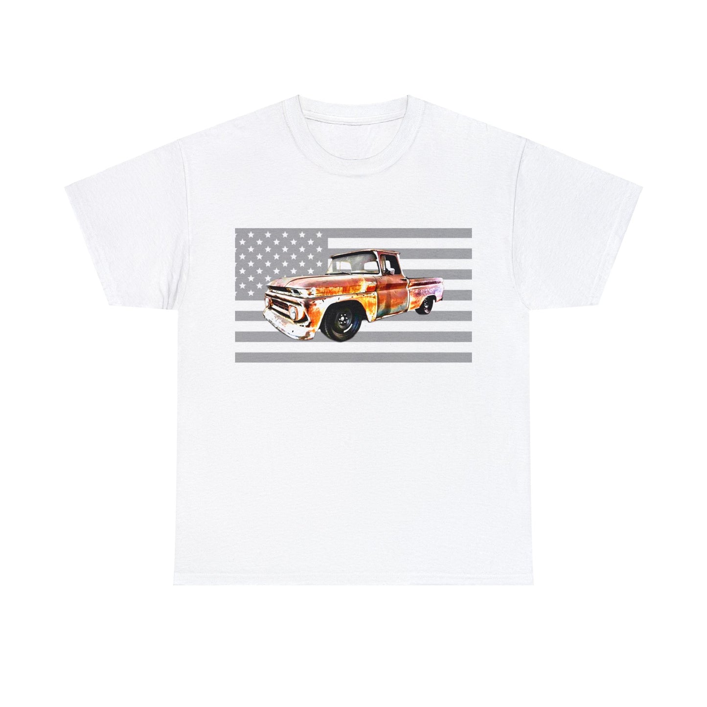 Vintage American Made Pickup Truck and Flag, Antique USA Truck Heavy Cotton Tee